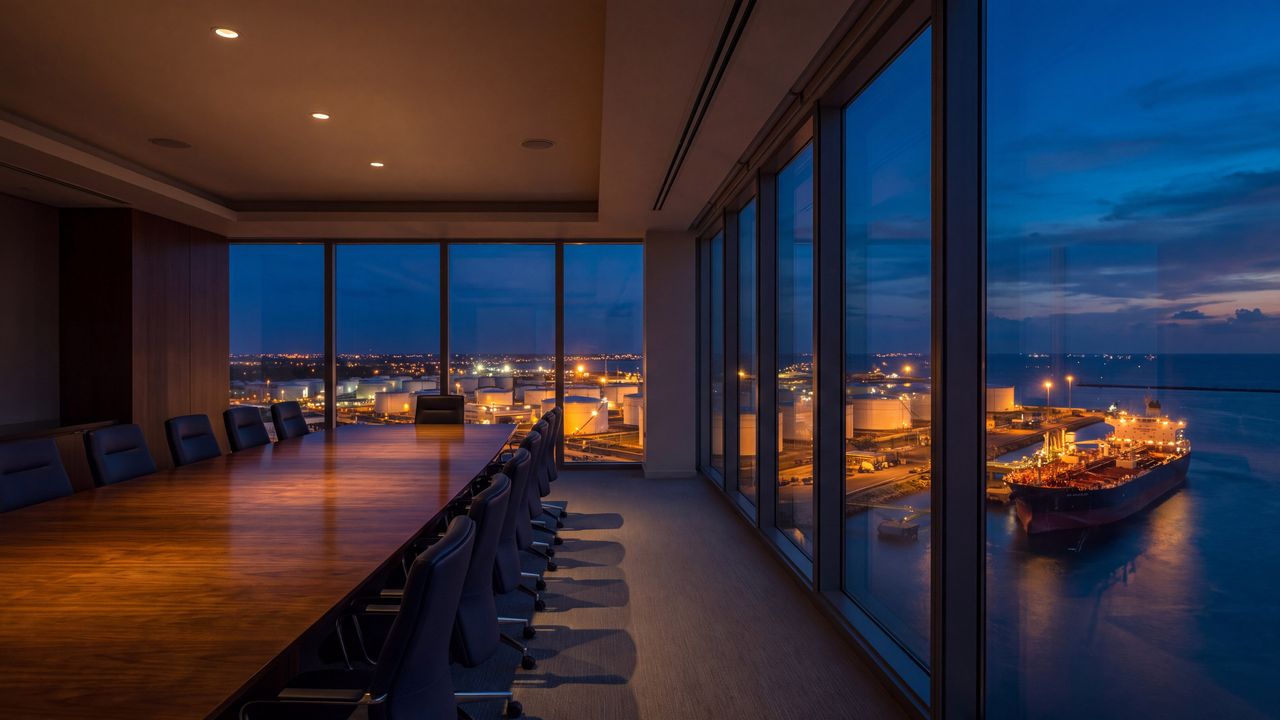 Sala de juntas al atardecer con vistas a una terminal petrolera y un petrolero atracado