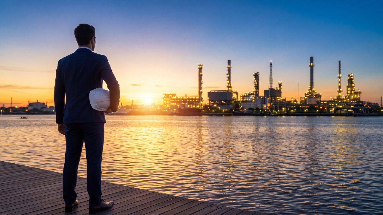 Executive holding a hard hat looking at a refinery across the water at sunset
