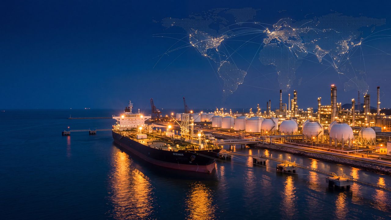 Petrolero atracado en una terminal iluminada de noche, con un mapa de rutas marítimas globales dibujado en el cielo