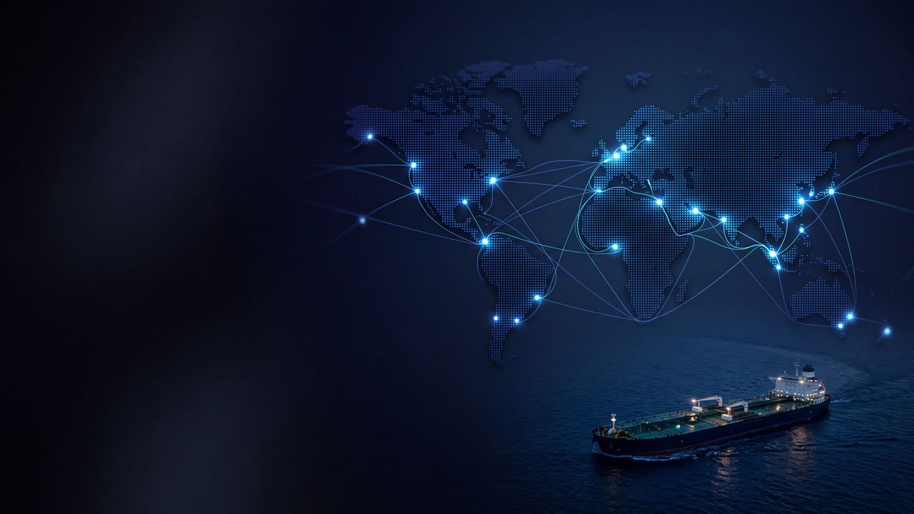 Illuminated map of global shipping routes over the ocean at night
