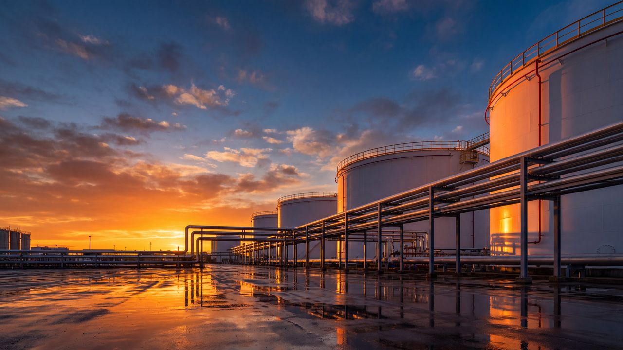 Storage tanks and pipe racks reflected in wet ground at sunset