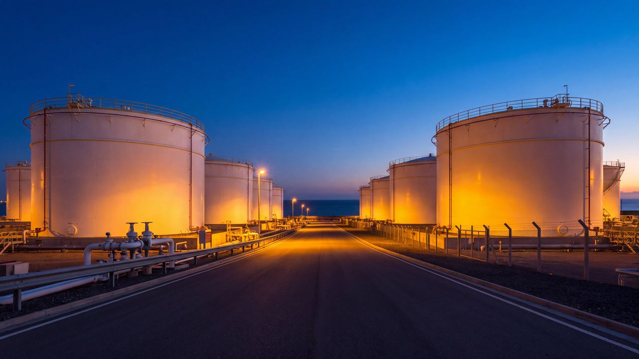 Storage tanks of an oil terminal illuminated at dusk