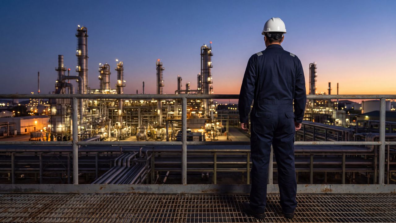 Engineer in a hard hat overlooking an illuminated refinery at dusk